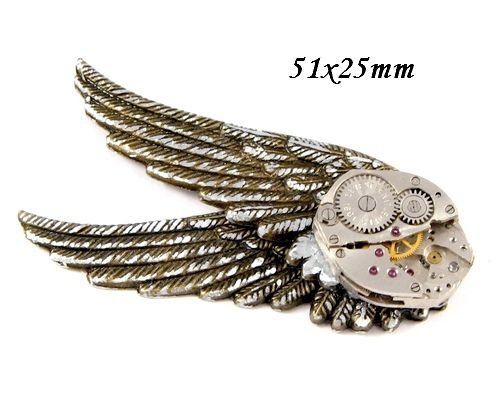 6633 - Accesoriu steampunk, aripi inger, mecanism ceas, aliaj metalic bronz, otel, argintiu si auriu