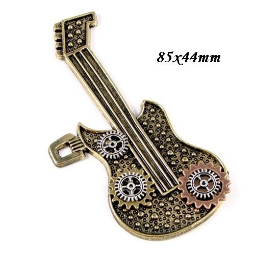6634 - Pandantiv chitara steampunk, rotite ceas, aliaj metalic auriu antichizat, cupru, argintiu