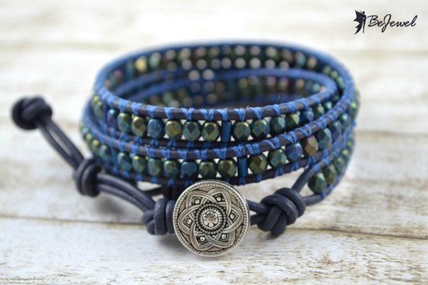 Bratara wrap cu snur de piele, hematit si cristale ''Crazy Blue''