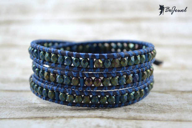 Bratara wrap cu snur de piele, hematit si cristale ''Crazy Blue''