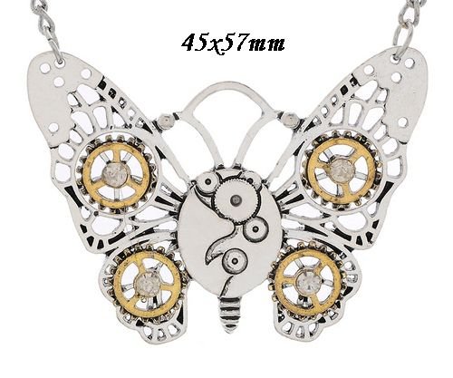 6722 - (1buc) Pandantiv tip link / conector, fluture, steampunk, rotite ceas, aliaj metalic argintiu si auriu