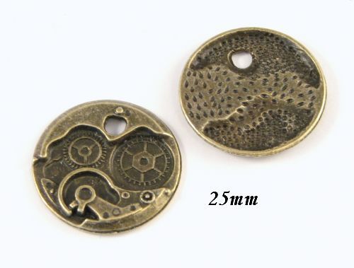 6590 - (2buc) Accesoriu / ornament, steampunk, rotite ceas, aliaj metalic bronz, 25mm