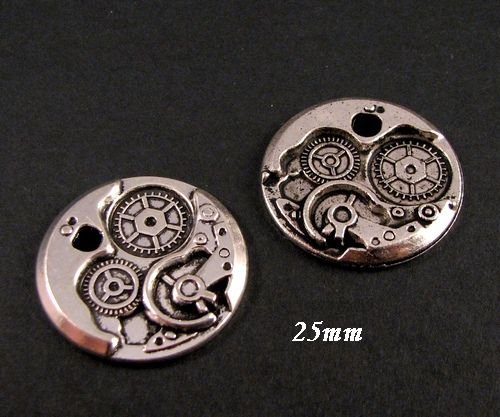6591 - (2buc) Accesoriu / ornament, steampunk, rotite ceas, aliaj metalic argintiu, 25mm