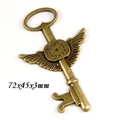 6674 - (1buc) Pandantiv / accesoriu / ornament, steampunk, cheie, cadran ceas, aripi, aliaj metalic bronz