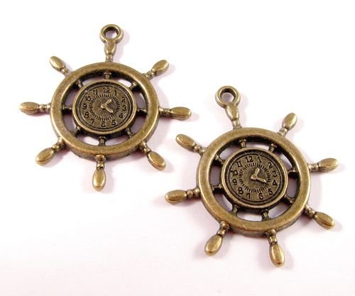 6596 - (2buc) Pandantiv / charms, steampunk, timona / roata, cadran ceas, aliaj metalic bronz