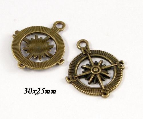 6672 - (4buc) Pandantiv / charms, steampunk, compas / roza vanturilor, cadran ceas, aliaj metalic bronz