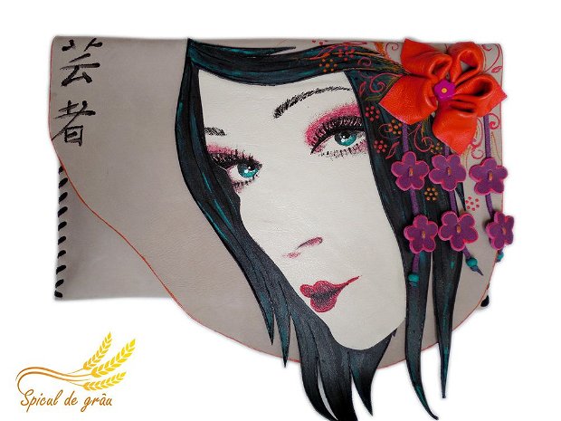poseta plic handmade unicat din piele naturala- Geisha