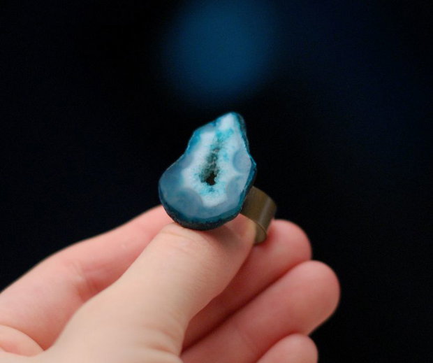 Midnight Nostalgia - Inel cu agata madagascar druzy Teal potolit pe baza reglabila bronz
