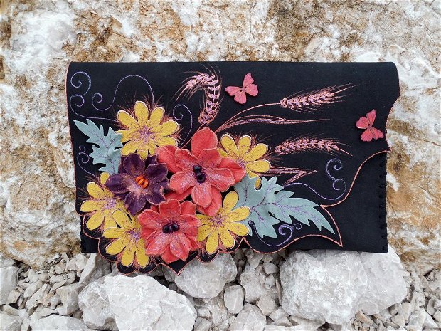 Poseta plic handmade unicat din piele naturala - Gipsy Flowers