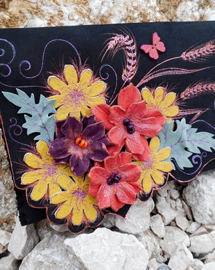 Poseta plic handmade unicat din piele naturala - Gipsy Flowers