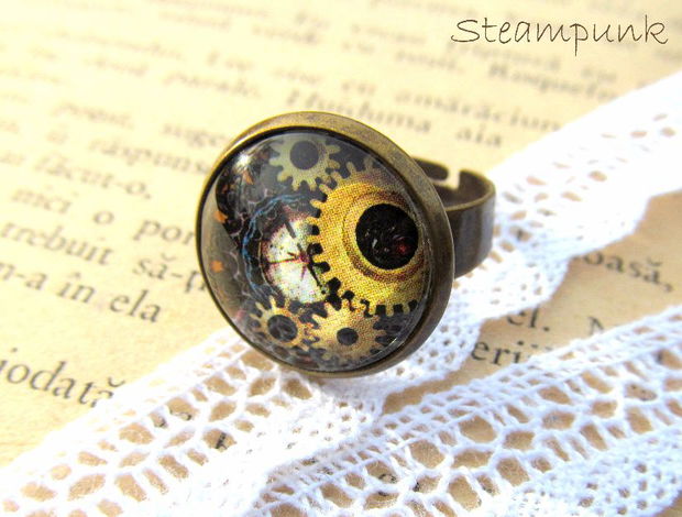 Inel steampunk cu baza bronz, reglabil♥