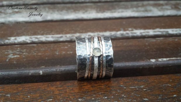 Spinner Ring din argint 925 partial oxidat, sarma goldfilled si pietre semipretioase
