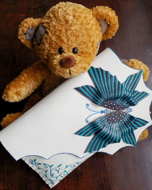 poseta plic handmade unicat din piele - Green Blue Butterfly