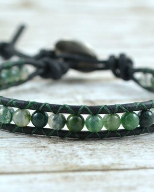 Bratara wrap barbateasca cu snur de piele si agate -Moss