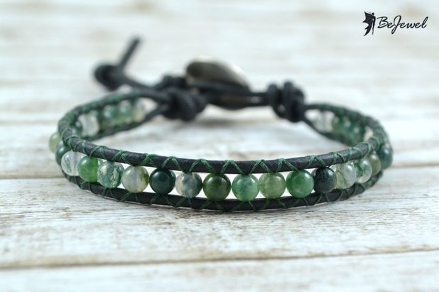 Bratara wrap barbateasca cu snur de piele si agate -Moss