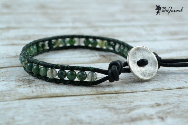 Bratara wrap barbateasca cu snur de piele si agate -Moss