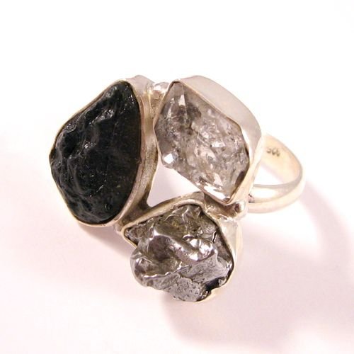 Ag012 - Inel, argint 925, herkimer diamond, tektite, meteorit Campo del Cielo