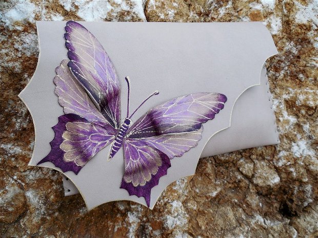 poseta plic handmade unicat din piele - Plum Butterfly