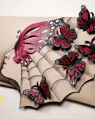 Poseta plic handmade unicat din piele naturala -Butterflies