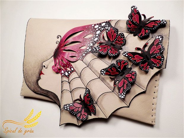 Poseta plic handmade unicat din piele naturala -Butterflies