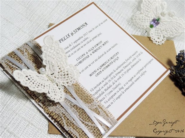 Invitatie nunta si marturie tema Rustic Lace Butterfly