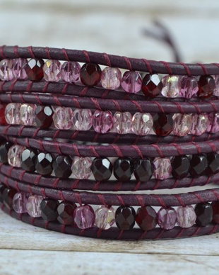 Bratara wrap cu snur de piele si cristale ''Bordeaux mix''