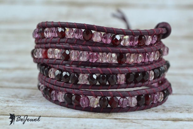 Bratara wrap cu snur de piele si cristale ''Bordeaux mix''