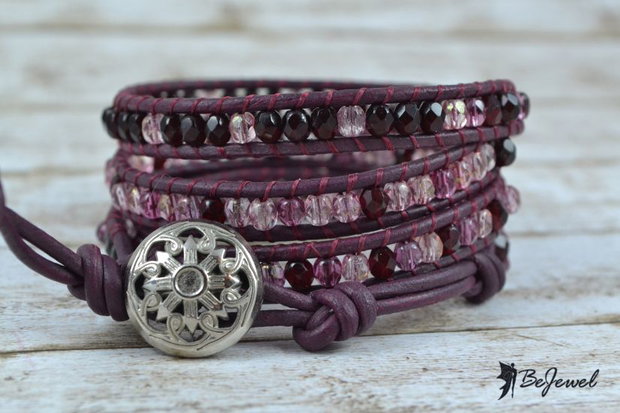 Bratara wrap cu snur de piele si cristale ''Bordeaux mix''