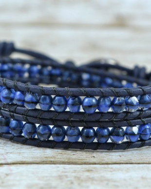 Bratara wrap barbateasc-piele si cristale ''Indigo''