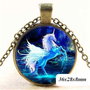 7798 - Pandantiv medalion, colier, print unicorn calut ponei, cabochon sticla, lantisor, albastru bronz