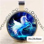 7797 - Pandantiv medalion, colier, print unicorn calut ponei, cabochon sticla, lantisor, albastru argintiu