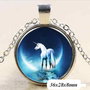 7799 - Pandantiv medalion, colier, print unicorn calut ponei, cabochon sticla, lantisor, albastru argintiu