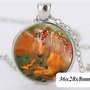 7801 - Pandantiv medalion, colier, print unicorn calut ponei, cabochon sticla, lantisor, portocaliu argintiu