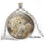 7802 - Pandantiv medalion, colier, print unicorn calut ponei, cabochon sticla, lantisor, beige argintiu