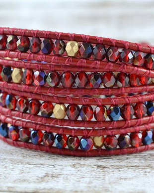 Bratara wrap cu snur de piele si cristale ''Red mix''