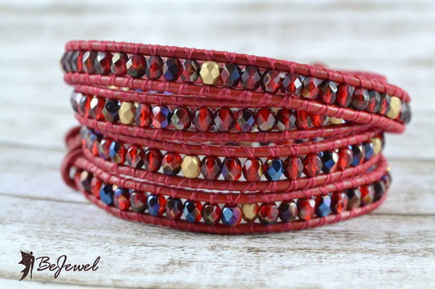 Bratara wrap cu snur de piele si cristale ''Red mix''