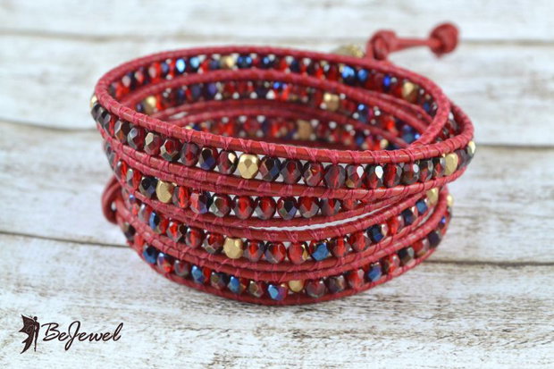 Bratara wrap cu snur de piele si cristale ''Red mix''