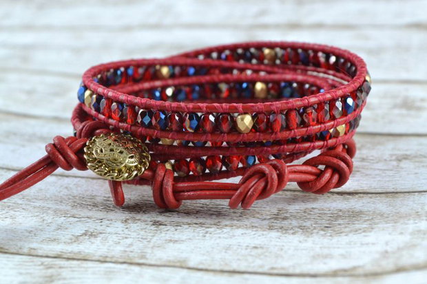 Bratara wrap cu snur de piele si cristale ''Red mix''