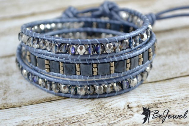 Bratara wrap cu snur de piele si cristale ''Clouds''