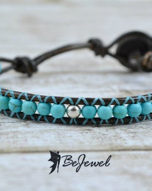 Bratara wrap barbateasca cu snur de piele, magnezit si argint - ''To the sea''