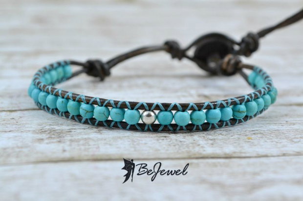 Bratara wrap barbateasca cu snur de piele, magnezit si argint - ''To the sea''