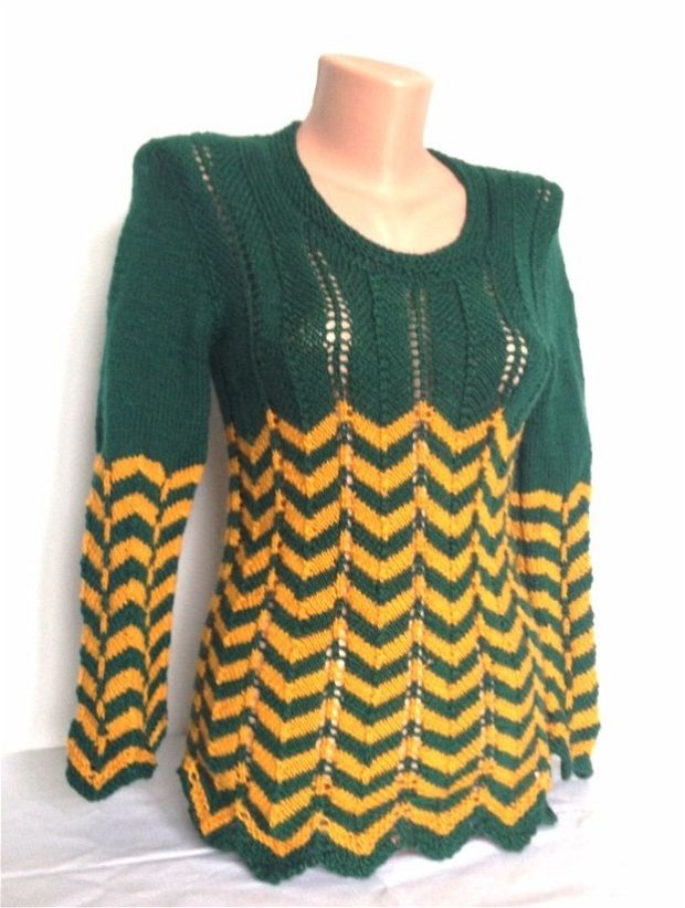 Bluza pulover tricotat manual verde galben dungi