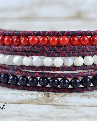 Bratara wrap cu snur de piele si semipretioase ''Navy''