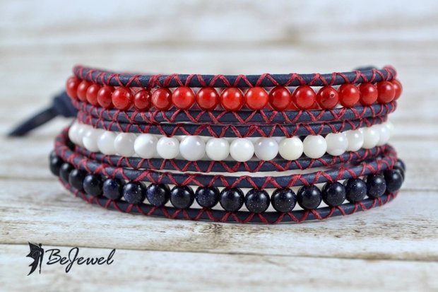 Bratara wrap cu snur de piele si semipretioase ''Navy''