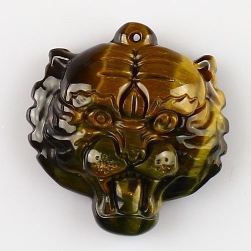 7836 - Pandantiv, cap de tigru sculptat, ochi de tigru maro-auriu, 32x30x12mm
