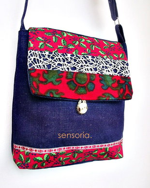 geanta denim si rosu festiv vegetal