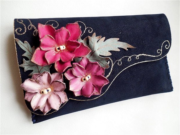 poseta plic handmade unicat din piele - Pink Flowers