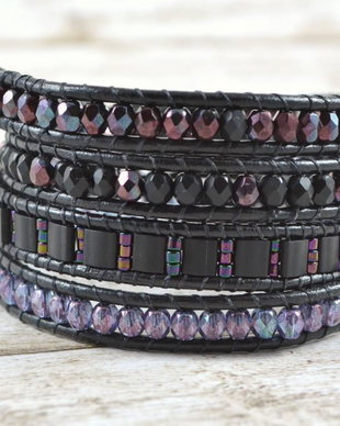 Bratara wrap cu snur de piele si cristale ''Darkfeather''