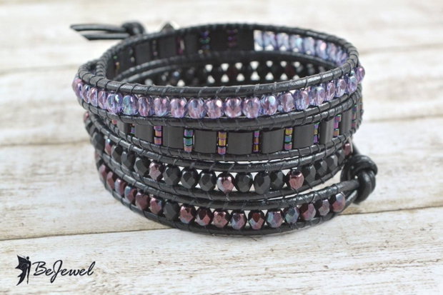 Bratara wrap cu snur de piele si cristale ''Darkfeather''