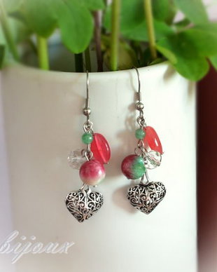 Cercei din jad,cuart si inimioare decorative